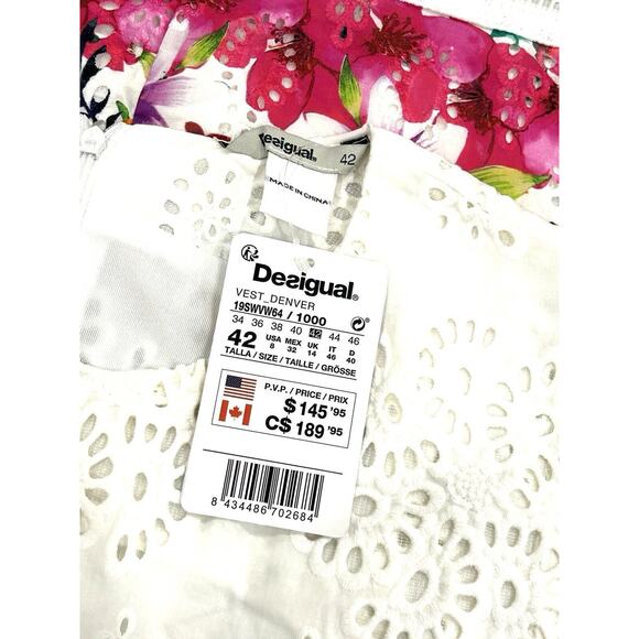 Desigual White Eyelet Sheath Dress Size 8 EU 42 Floral Design Vest Denver - Picture 9 of 9